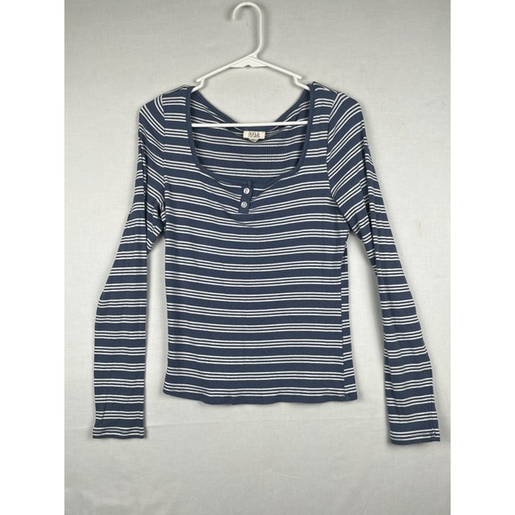 a.n.a Tops - a.n.a A New Approach Henley Top Womens Large Blue White Striped Ribbed L